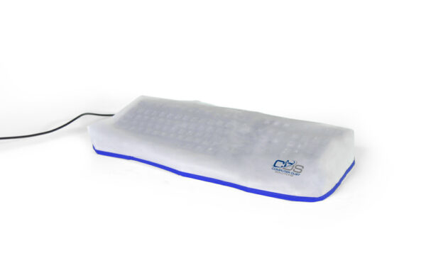 A keyboard covered by a rectangular shaped opaque white slip cover with blue trim and computer dust solutions logo in the bottom right