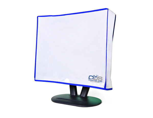 a black computer monitor is covered by a translucent white antistatic vinyl monitor cover with blue trim.