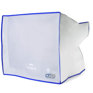 A computer monitor covered by a square shaped opaque white slip cover with blue trim and computer dust solutions logo in the bottom right