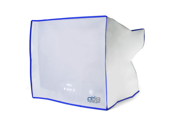 A computer monitor covered by a square shaped opaque white slip cover with blue trim and computer dust solutions logo in the bottom right