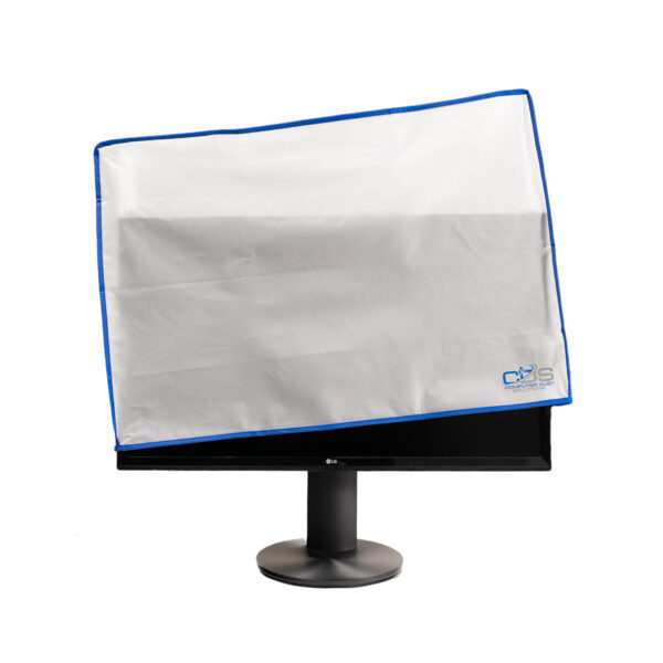a black computer monitor half covered by an opaque white slip cover with blue fabric trim with the computer dust solutions logo in the bottom right.