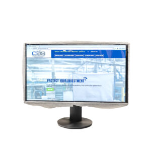 a black computer monitor with the computer dust solutions website pulled up covered in a white breathable fabric shield with see through plastic front over the monitor screen