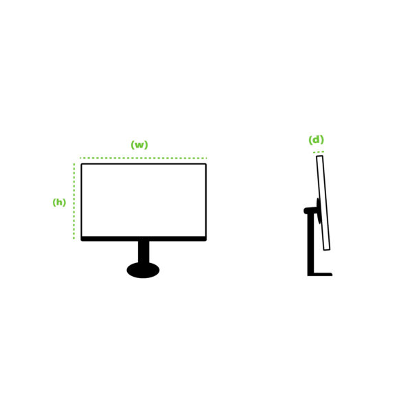 two simple graphics of an iMac type monitor with dashed green lines showing width (w) and height (h) One from the front, the other from a side view