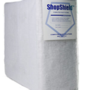 a computer tower covered in a white breathable fabric with a flap on the front that says "shopshield computer dust filters"
