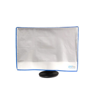 a black computer monitor covered by an opaque white slip cover with blue fabric trim with the computer dust solutions logo in the bottom right