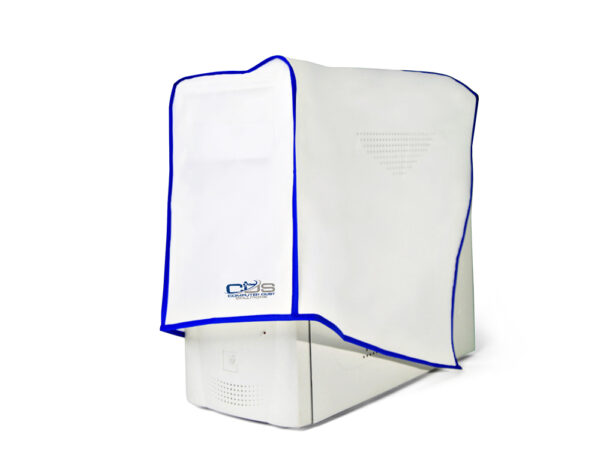 A white computer tower is covered by a white, translucent vinyl cover with blue trim.